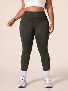 SHEIN Unity 1pc Regular Leggings / Plus Size / Army Green + Sports Leggings + Fitness/Yoga - Olive Green - View 3