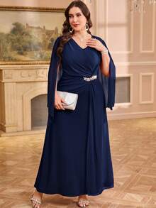 Reflora Plus Size Elegant Party Rhinestone Decorated Dress Fall - Navy Blue - View 5