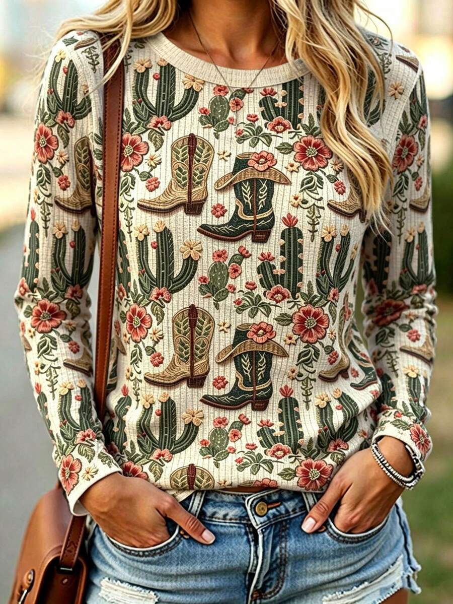 EMERY ROSE Women's Autumn Western Cowboy Cactus Print T-Shirt - Multicolor - View 1