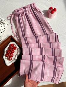 Comfortcana Spring/Summer Vacation Style Linen Casual Plus Size Women's Striped Waist Tie Pants - Baby Pink - View 7