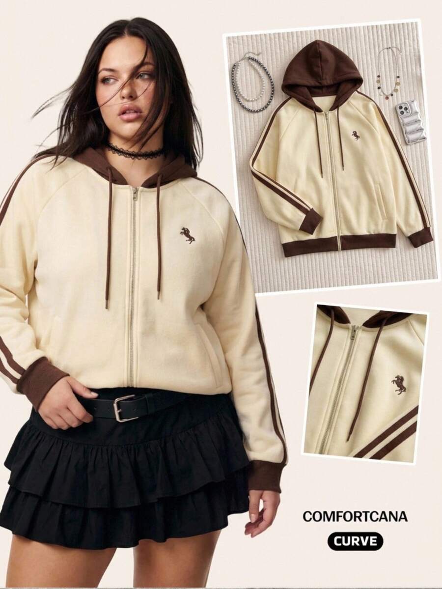 Comfortcana Plus Size Fashion Knight Embroidered Beige Colorblock Sweatshirt Back-To-School Active Autumn - Yellow - View 1