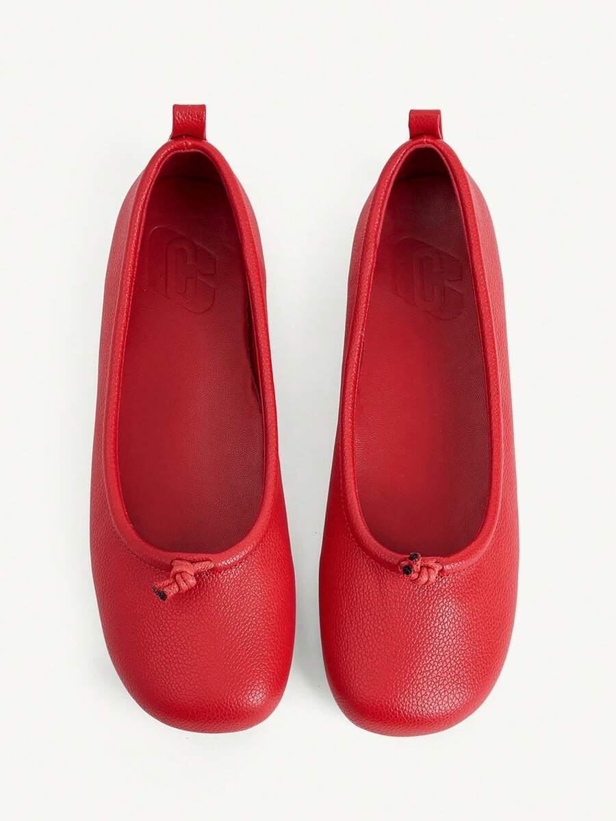 CUCCOO CHICEST Spring And Summer Lychee Pattern Soft Leather Chinese Style Buckle Square Toe Flat Heel Positive Red Ballet Shoes Gentle Low Vamp Commute - Red - View 1
