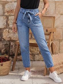 EMERY ROSE Women's Casual Denim Belt With Pocket Cone Pants - Medium Wash - View 3