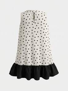 SHEIN LMoss Kids 女童編織波點圖案蝴蝶結對比飾邊休閒洋裝 - 黑與白 - 查看 6
