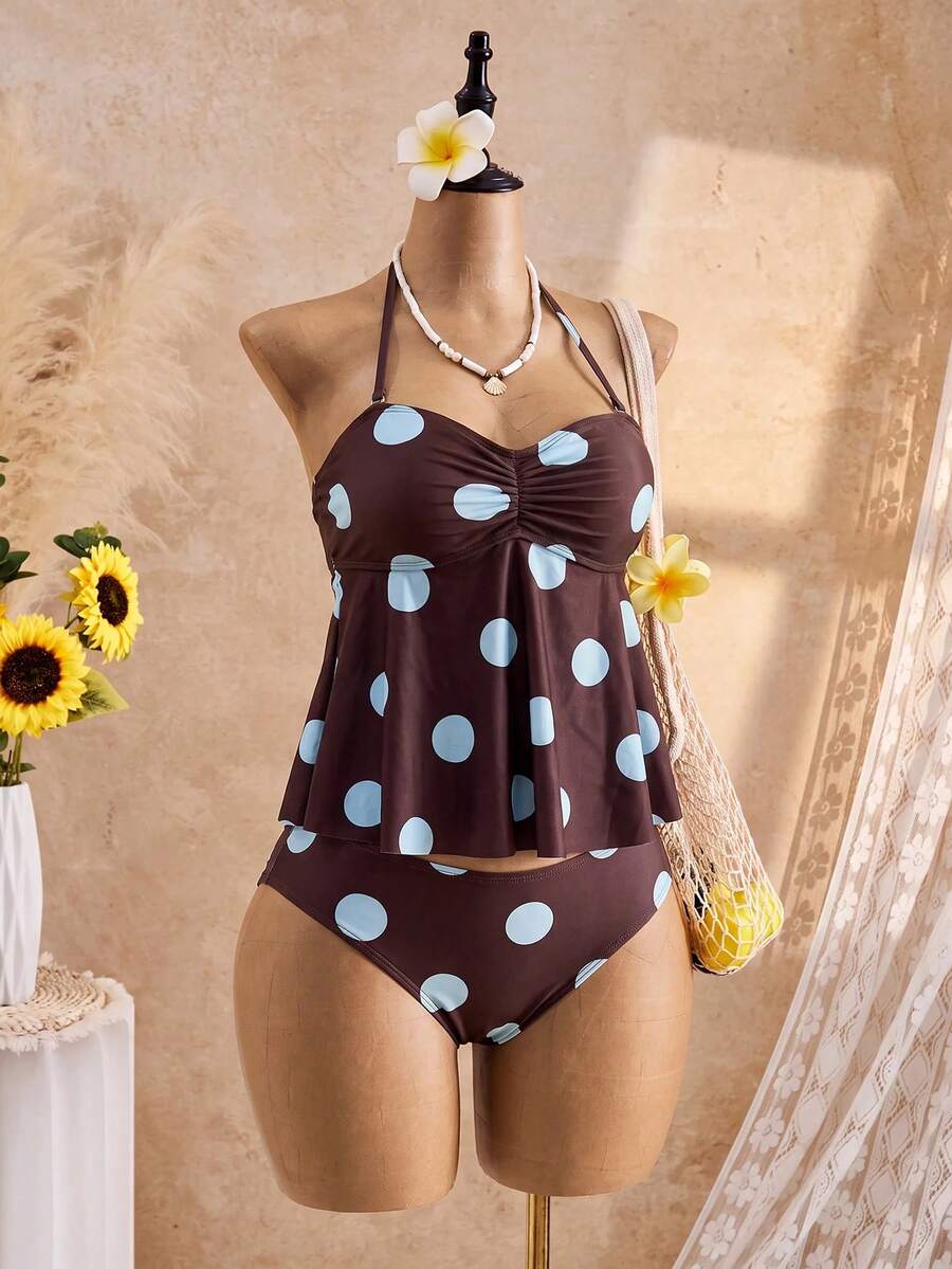 Bellisia Women's Polka Dot Ruffle Halter Tankini And Triangle Tankini Bottom Two-Piece Swimsuit Set - Brown - View 1