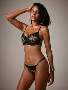 DreamPoppy 2pcs/Set Women's Leopard Print Lace Floral Lingerie Set, Soft Lace Short Sleep Top And Thong, Sexy Charming Women's Two Pieces Set - Black - View 8