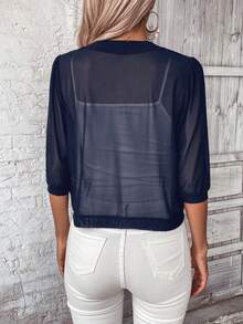 EMERY ROSE Chaqueta de malla de unicolor simple y transparente para mujer en otoño/invierno - Azul Marino - Ver 2