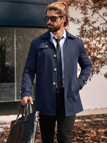 Manfinity Mode Men's Solid Color Single-Breasted Fashion Versatile Daily Casual Trench Coat Jacket - Navy Blue - View 1