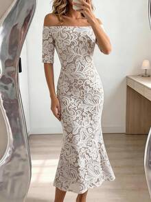 SHEIN Elenzya Elegant Commute Lace Print Off-Shoulder Dress - Multicolor - View 4