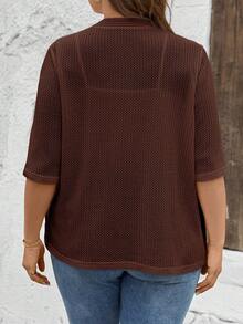 SHEIN LUNE Textured Fabric Open Front 3/4 Sleeve Fitted Flattering Plus Size Jacket - Brown - View 2