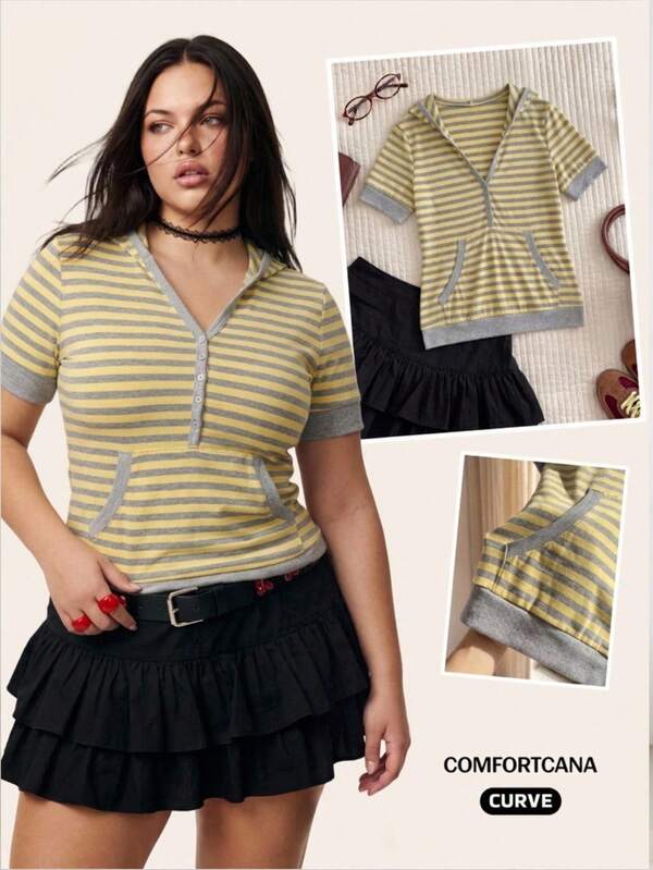 Comfortcana Plus Size Knit Short Sleeve Hooded Lightweight Sweatshirt