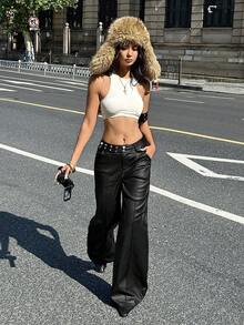 Jeanoix Y2K Women's Fashion Black Wide Leg Long Pants - Black - View 3