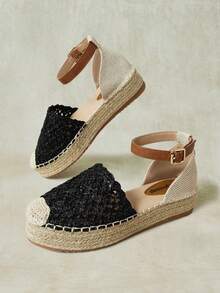 Styleloop Ladies Retro Black Vacation Style Hollow Woven Pull-Up Belt Hemp Rope Platform Shoes - Black - View 6