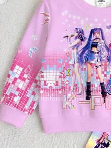 SHEIN 抓絨內裡 女孩團體卡通女孩多巴胺彩色漸層 星空漸層 K-Pop 超級巨星 Chill Chill 少女休閒圓領長袖衛衣與內搭褲 2件套，適合秋冬街頭復古風，兒童秋季疊穿，Y2K - 彩色 - 查看 9