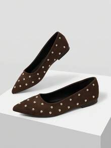 Mnmlis Suede Rivet Soft Bottom Versatile Commuter Pointed Flat Shoes - Coffee Brown - View 2