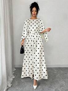 SHEIN Raffinéa Vestido largo elegante y casual para mujer, primavera/otoño, cuello redondo, hombros caídos, con cinturón, blanco con lunares negros, para ocasiones, citas y cumpleaños - Albaricoque - Ver 5