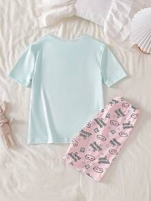 Teen Girl Cute Letter Print Casual Short Sleeve Top & Shorts Tight Pajama Set - Multicolor - View 2