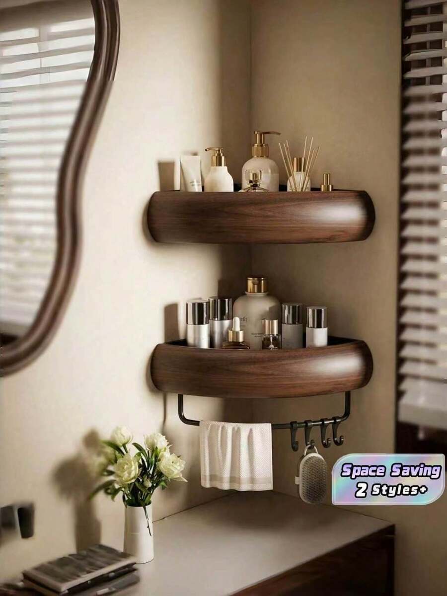 1PC No-Drill Wall-Mounted Triangular Storage Rack, Imitation Walnut Wood Waterproof Bathroom Triangular Storage Rack, Multifunctional Home Kitchen Space Saving - Multicolor - View 1