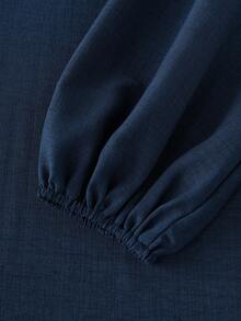 LUMIGAL Gaun Panjang Longgar Wanita Warna Polos dengan Lengan Lentera dan Saku, Model Bahu Terbuka - Navy Blue - View 5