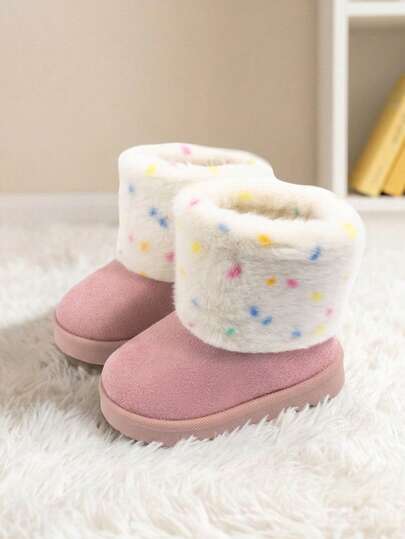 Girls Pink Plush Dot Turned Cuff Cute Fashion Warm Fleece Lined Comfortable Short Snow Boots For Winter Outdoor Snow Play Daily Wear