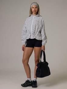 Musera Sport Contrast Colour Polka Dot Zip Through Cinched Bungee Chord Hem Hooded Nylon Active Jacket Gym Cute Pilates Fitness Daily - Black and White - View 2