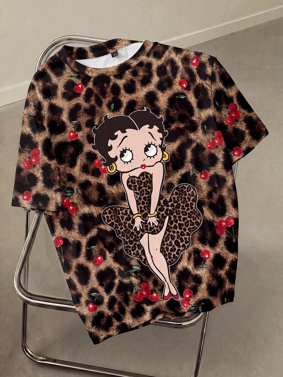 Betty Boop x SHEIN Plus Size Cartoon Pattern Leopard Print Crew Neck Short Sleeve T-Shirt Fashion Formal Vacation Dark Purple Summer Casual Cowboy - White - View 1