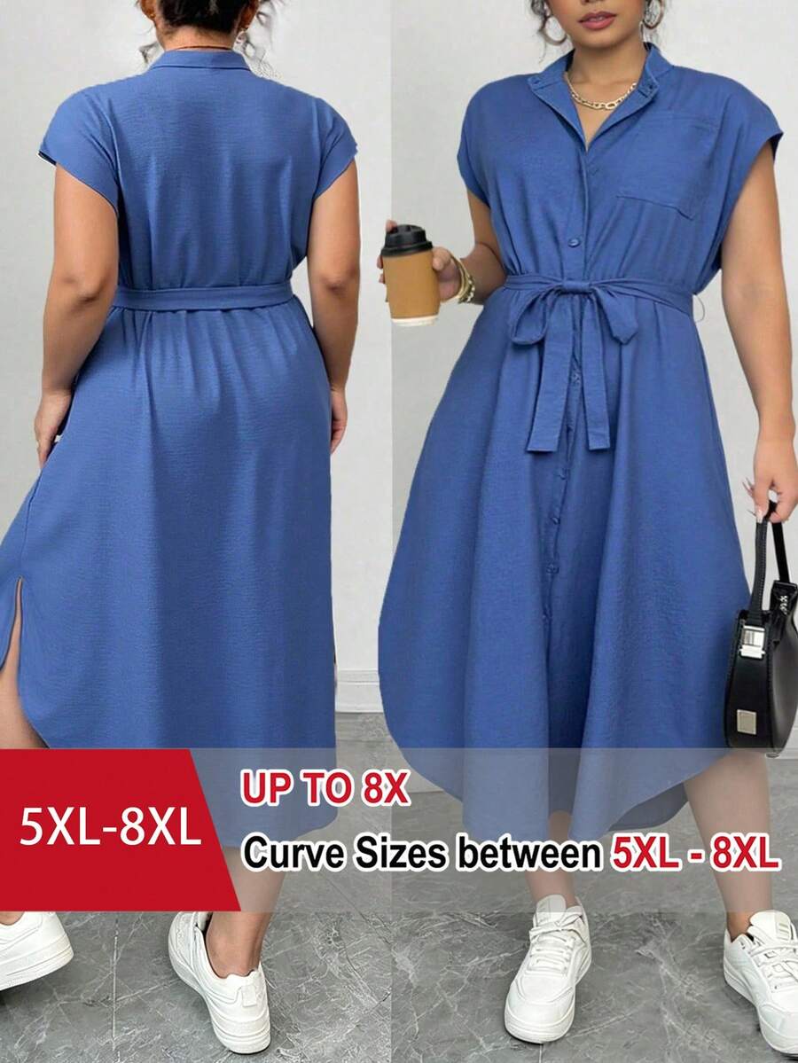 SHEIN CURVE+ 大码女式优雅爱丽丝面料衬衫领插肩袖腰部系带蝴蝶结木质纽扣春夏新款百搭休闲俱乐部时尚连衣裙 - 藍色 - 查看 1