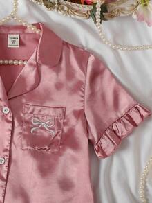 SHEIN 女童休閒日常舒適印花翻領居家服套裝，緞面布料 - 粉色 - 查看 4