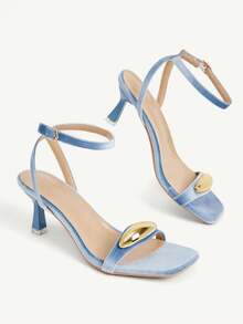 CUCCOO CHICEST Rear Crossed Strap Metal Accessories Open-Toed Square Toe Stiletto Fashion Commuter Blue Suede Ladies High Heel Sandals Dating Vacation - Blue 1 - View 4