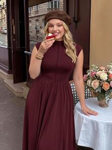 SHEIN MOD Plus Size Women's Brown High Neck Long Knit Dress,Valentine's Day,Wedding,Elegant Dresses,White Dress,Wedding Guest Dress For Women, Spring/Summer Outfits, Tea Party Outfit Women, Holidays, Birthday - Burgundy - View 3