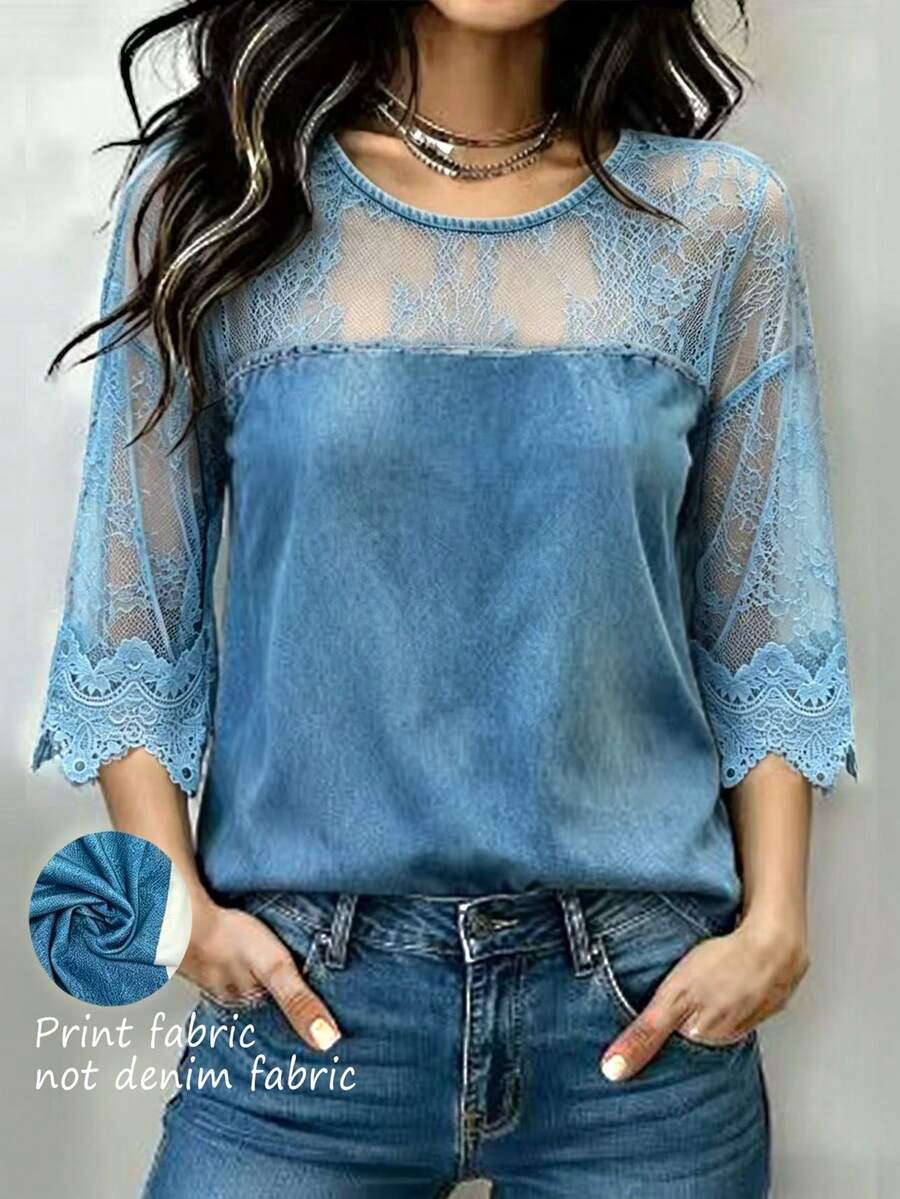 SHEIN Atasan Wanita Minimalis Elegan Warna Polos dengan Kontras Renda, Warna Biru Floral, Cocok untuk Brunch dan Musim Panas. - Biru - View 1