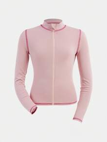 SHEIN 青少年女孩灰粉色秋季運動套裝，拼色滾邊拉鍊立領長袖外套與高腰緊身褲 2 件套 - 粉色 - 查看 6