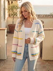 SHEIN Colorful Striped Pattern Drop Shoulder Duster Cardigan,Long Sleeve Tops Fall Winter Cloth For Women - Multicolor - View 1