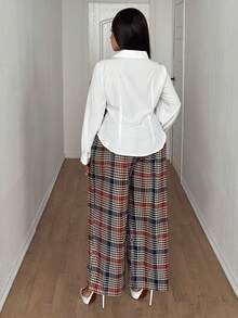 SHEIN CURVE+ Plus Size Women's Fashion New French Collar Plaid Print 2 In 1 Shirt And Pants Two Pieces Set Fall - Multicolor - View 2