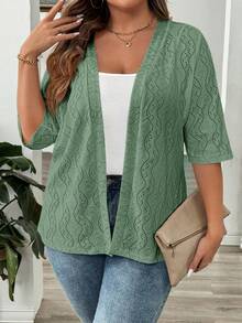 SHEIN LUNE 大尺碼女款素色休閒百搭日常開襟衫 - 軍綠色 - 查看 3