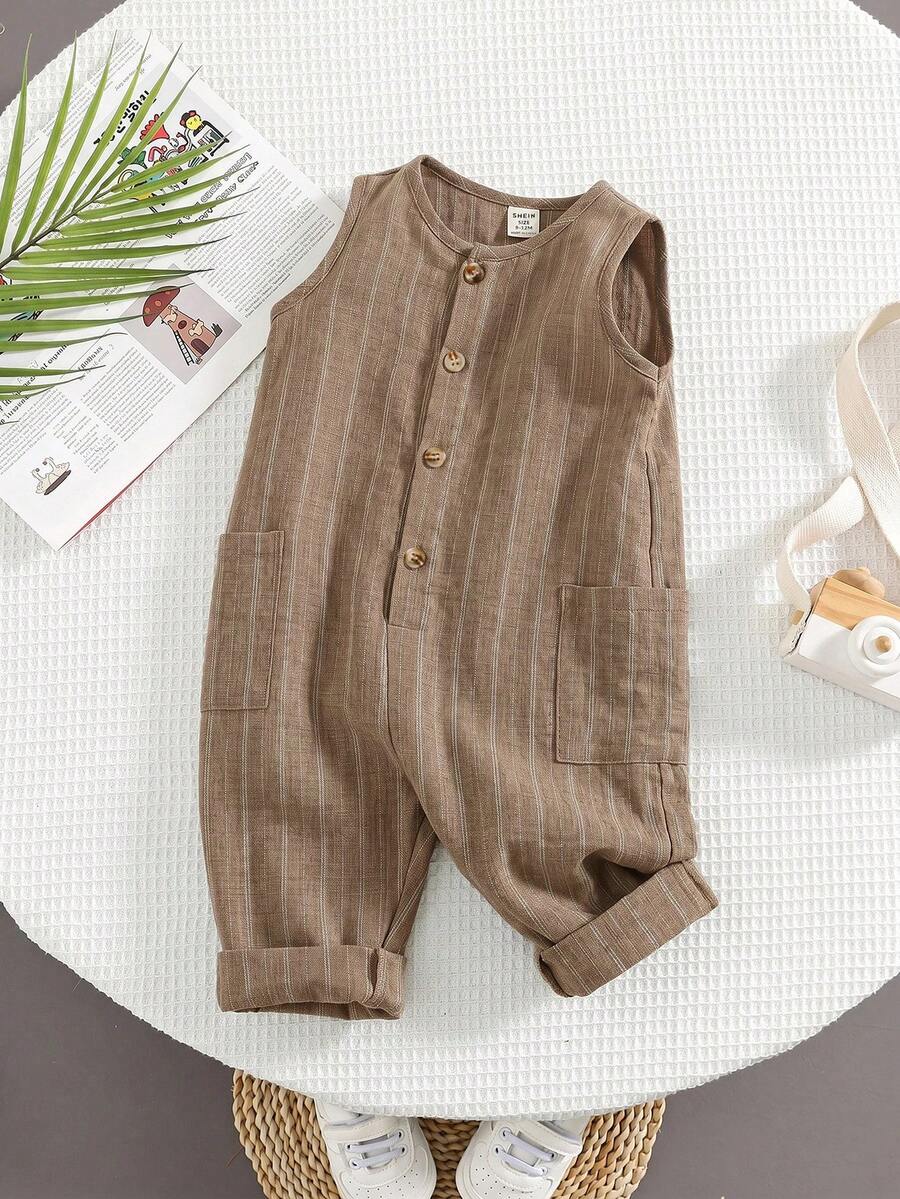 SHEIN 新生男宝宝夏季可爱休闲百搭棕色纱布连体衣,适合海滩、户外玩耍 - 卡其色 - 查看 1