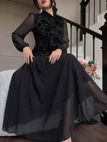 Modelyn Women's Tie Waist Ruched Positioned Print Long Sleeve Dress - Black - View 4