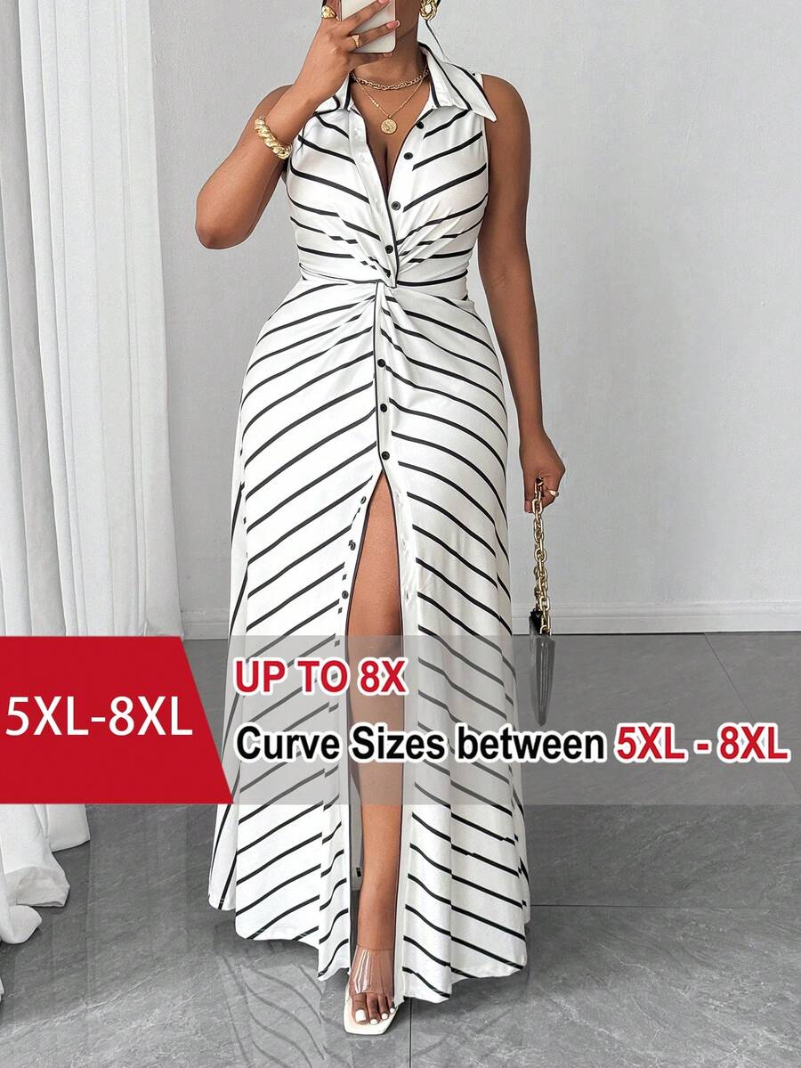 SHEIN CURVE+ Váy len dệt kim sọc thiết kế xoắn cỡ lớn dành cho nữ - Đen và trắng - Xem 1