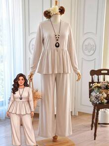 Rusticease Conjunto de 2 piezas de top y pantalones de unicolor casual de otoño para tallas grandes - Albaricoque - Ver 2
