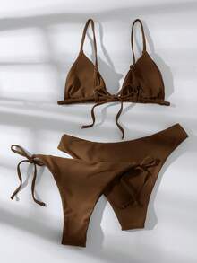 Swim Basics Summer Beach 3packs Triangle Tie Side Bikini Set Bathing Suit - Brown - View 2