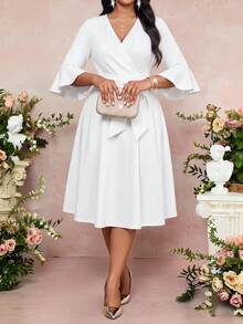 Fleurora Plus Size Elegant Party Solid Color Dress With Belt Fall - White - View 7
