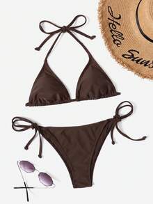 Swim Vcay Women's Solid Color Halter Tie Sexy Bikini Two-Piece Swimsuit Set For Vacation - Coffee Brown - View 3