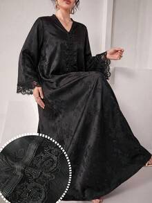 SHEIN Najma V領優雅提花飾邊蕾絲拼接長袖喇叭袖女款阿拉伯風洋裝 - 黑色 - 查看 3