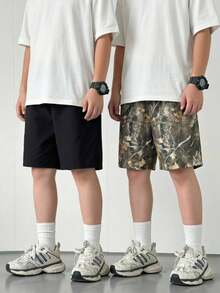 SHEIN 2件/組買1送1青少年男孩休閒葉子印花圖案短褲套裝，Y2K，夏季短褲，夏季，夏季服裝，適用於春季/夏季，外出，情人節，約會，旅行，度假，家庭聚會，返校，婚禮，晚宴，運動，生日派對 - 彩色 - 查看 2