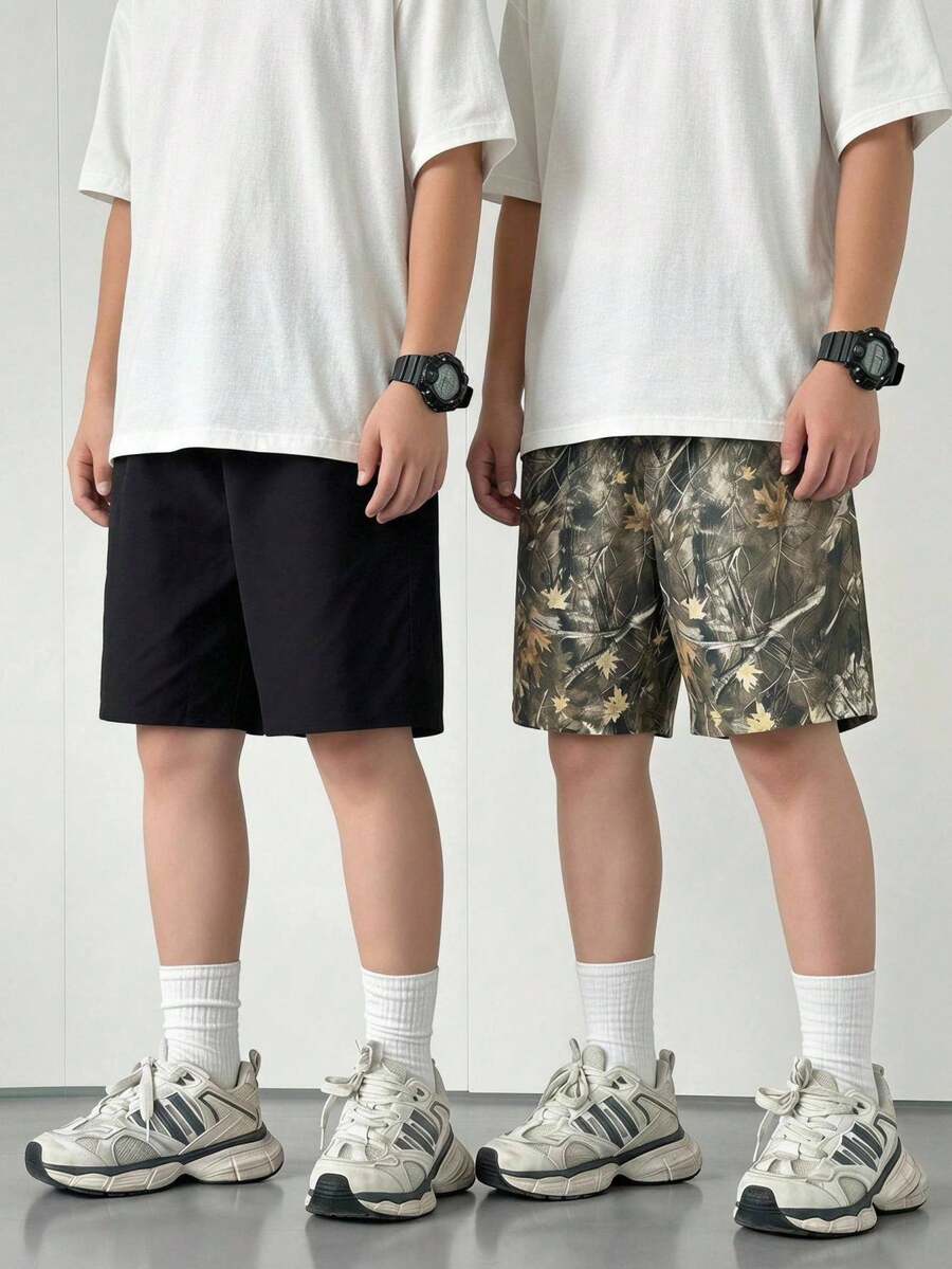 SHEIN 2件/組買1送1青少年男孩休閒葉子印花圖案短褲套裝，Y2K，夏季短褲，夏季，夏季服裝，適用於春季/夏季，外出，情人節，約會，旅行，度假，家庭聚會，返校，婚禮，晚宴，運動，生日派對