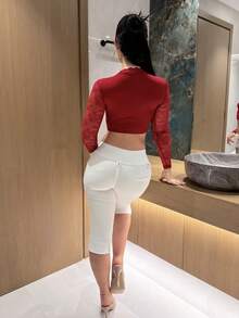 Vassilux 1pc Women Plain Long Sleeve Top With Lace Trim Collar, Casual Fall Cloth For Women, Christmas - Burgundy - View 3