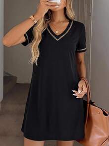 SHEIN LUNE Vestido mini con escote en V, estampado de leopardo con empalme, manga corta, primavera/verano, casual - Negro - Ver 9