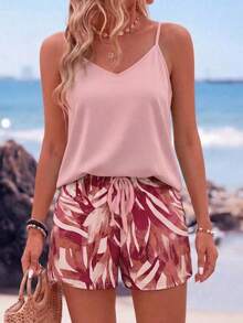SHEIN LUNE 女款休閒極簡純色細肩帶背心與植物印花短褲兩件套，適合夏季 - 彩色 - 查看 3
