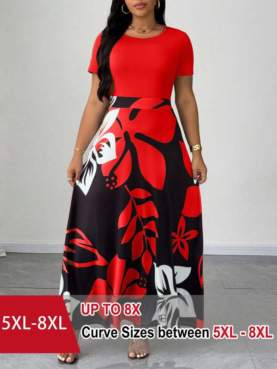 SHEIN CURVE+ 大码女式印花圆领修身短袖优雅长连衣裙,适合外出、办公、通勤、日常休闲穿着、约会以及春夏季节穿着。 - 紅色 - 查看 1