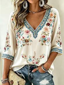 Selamara Plus Size Women's Floral Print Casual Versatile Daily Wear Top Fall - Multicolor - View 3